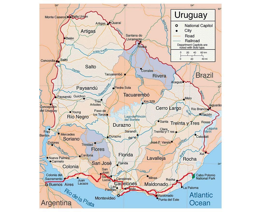 Žemėlapis Urugvajus su citie